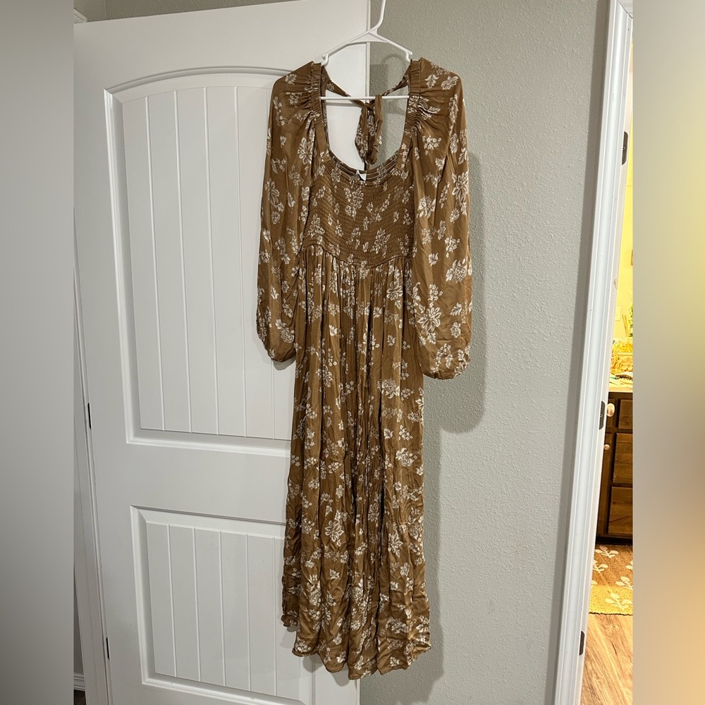 Camel Floral Smocked Side Slit Maternity Dress